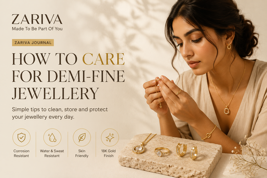 How to care for demi-fine jewellery illustration showing a woman cleaning gold jewellery with elegant pieces to explain proper cleaning and storage.