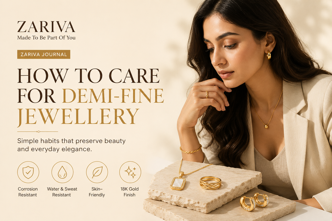How to care for demi-fine jewellery with a woman carefully examining gold-plated jewellery beside neatly displayed earrings, a ring, bracelet, and pendant to illustrate proper cleaning, storage, and everyday maintenance.