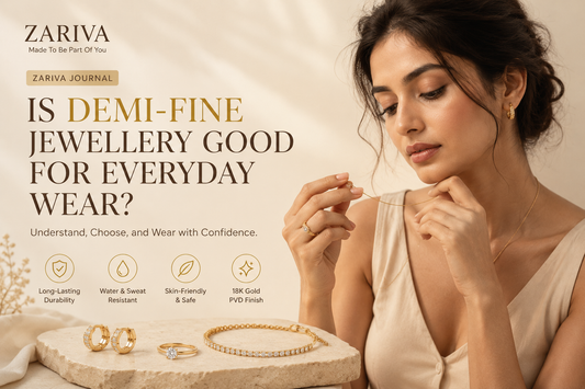 Is Demi-Fine Jewellery Good for Everyday Wear illustration featuring a thoughtful Indian woman examining elegant gold jewellery.