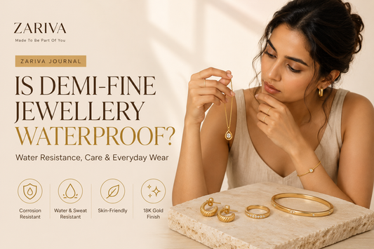 Alt Text (100–140 Characters)  Is demi-fine jewellery waterproof illustration showing a woman examining gold jewellery to explain water resistance and everyday care.