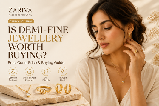 Is demi-fine jewellery worth buying? ZARIVA buyer's guide featuring premium SS316L stainless steel and 18K PVD anti-tarnish jewellery including necklace, ring and earrings worn by an Indian model.