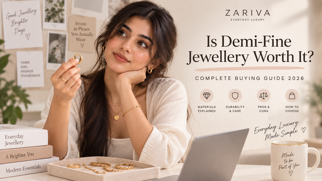 Is Demi-Fine Jewellery Worth It guide featuring a Gen-Z woman examining gold jewellery to understand materials, durability and value.