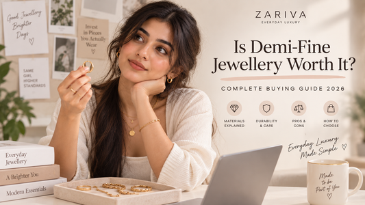 Is Demi-Fine Jewellery Worth It guide featuring a Gen-Z woman examining gold jewellery to understand materials, durability and value.