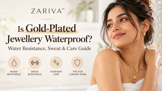 Is gold-plated jewellery waterproof? ZARIVA banner featuring a woman wearing gold jewellery with water resistance, sweat and care icons.