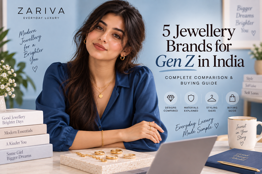 Jewellery brands for Gen Z in India comparison showing a confident woman in blue with gold jewellery and buying guide insights.