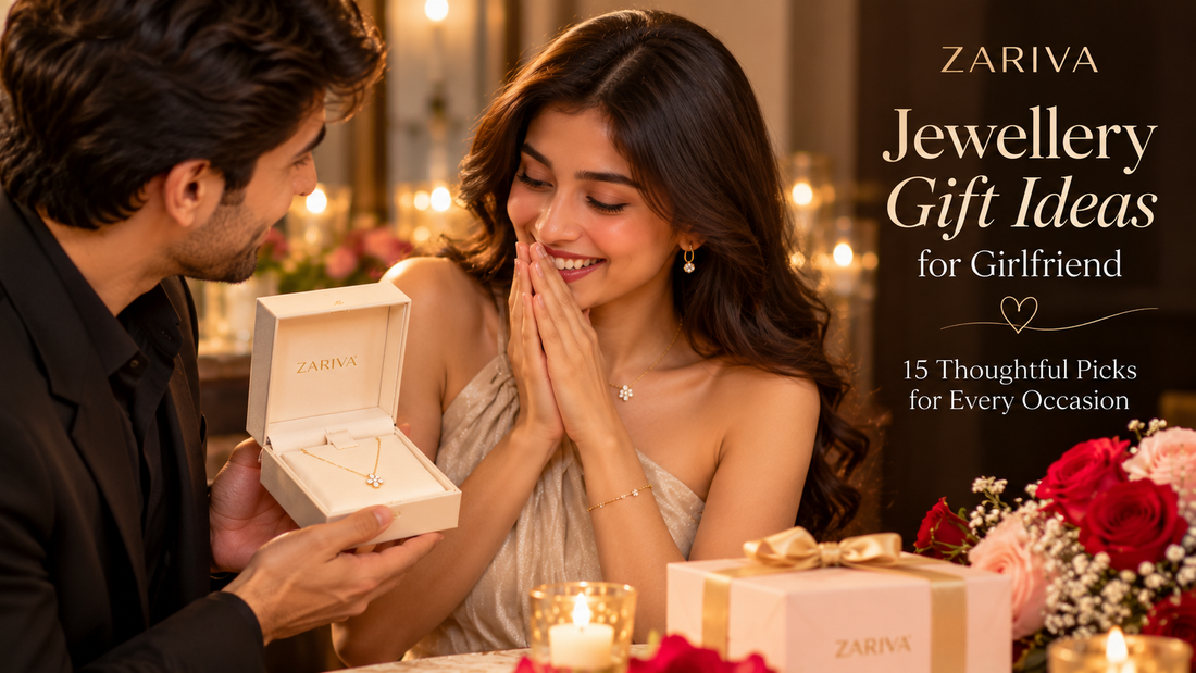 Jewellery gift ideas for girlfriend featuring a young Indian couple with a ZARIVA jewellery gift and elegant gold-finish necklace.