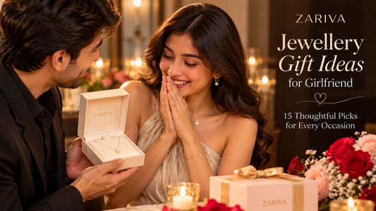 Jewellery gift ideas for girlfriend featuring a young Indian couple with a ZARIVA jewellery gift and elegant gold-finish necklace.