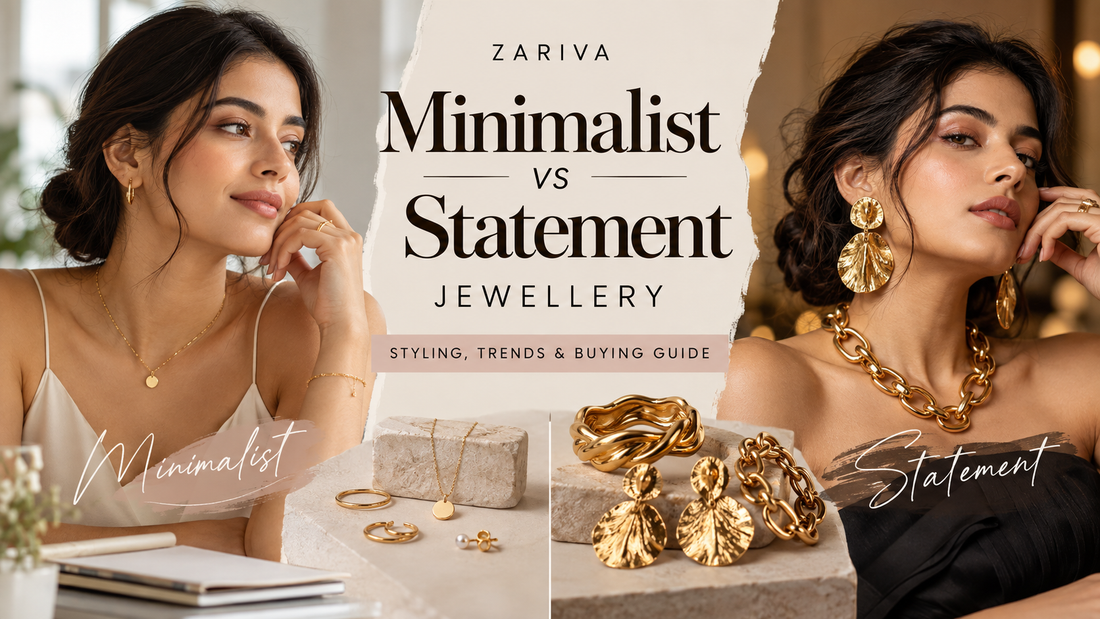 Minimalist vs statement jewellery comparison featuring two models wearing delicate gold necklaces and bold gold earrings for styling inspiration.