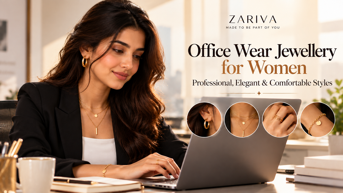 Office Wear Jewellery for Women featuring a young professional in a black blazer and white top working confidently at a laptop