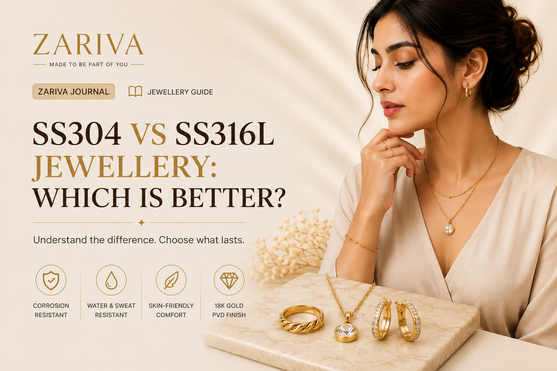 SS304 vs SS316L jewellery comparison banner featuring premium SS316L anti-tarnish stainless steel jewellery with 18K Gold PVD finish, elegant everyday necklace, earrings, and ring by Zariva.