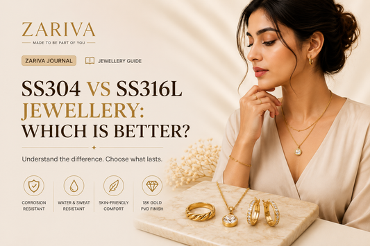 SS304 vs SS316L jewellery comparison banner featuring premium SS316L anti-tarnish stainless steel jewellery with 18K Gold PVD finish, elegant everyday necklace, earrings, and ring by Zariva.