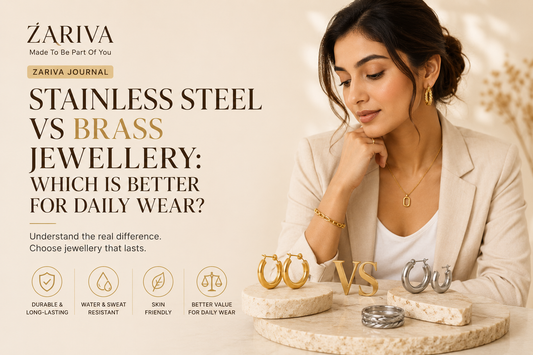 Stainless steel vs brass jewellery comparison for everyday wear showing anti-tarnish SS316L stainless steel jewellery with gold finish by ZARIVA