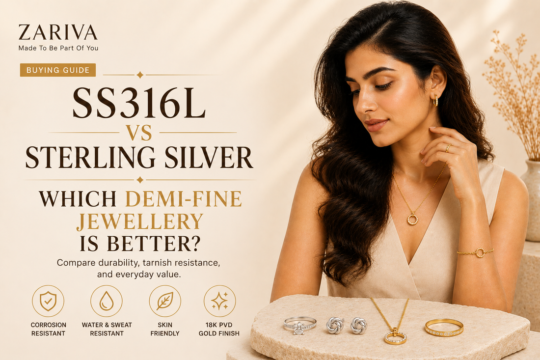 ZARIVA buying guide banner comparing SS316L stainless steel and sterling silver for demi-fine jewellery, featuring an Indian model wearing 18K PVD gold-plated necklace, earrings, ring, and bracelet for everyday luxury.
