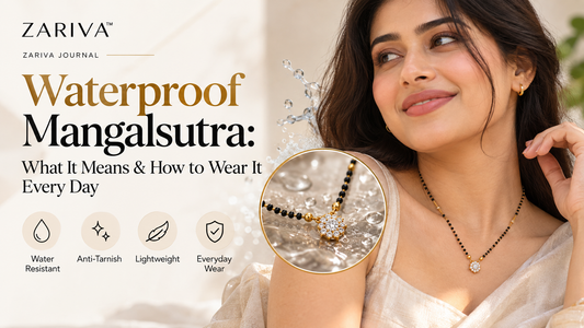 Waterproof mangalsutra for everyday wear shown on a woman wearing a black-beaded gold pendant with water droplets