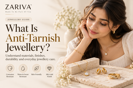 What Is Anti-Tarnish Jewellery guide featuring a ZARIVA model wearing gold jewellery with necklace, earrings and ring.