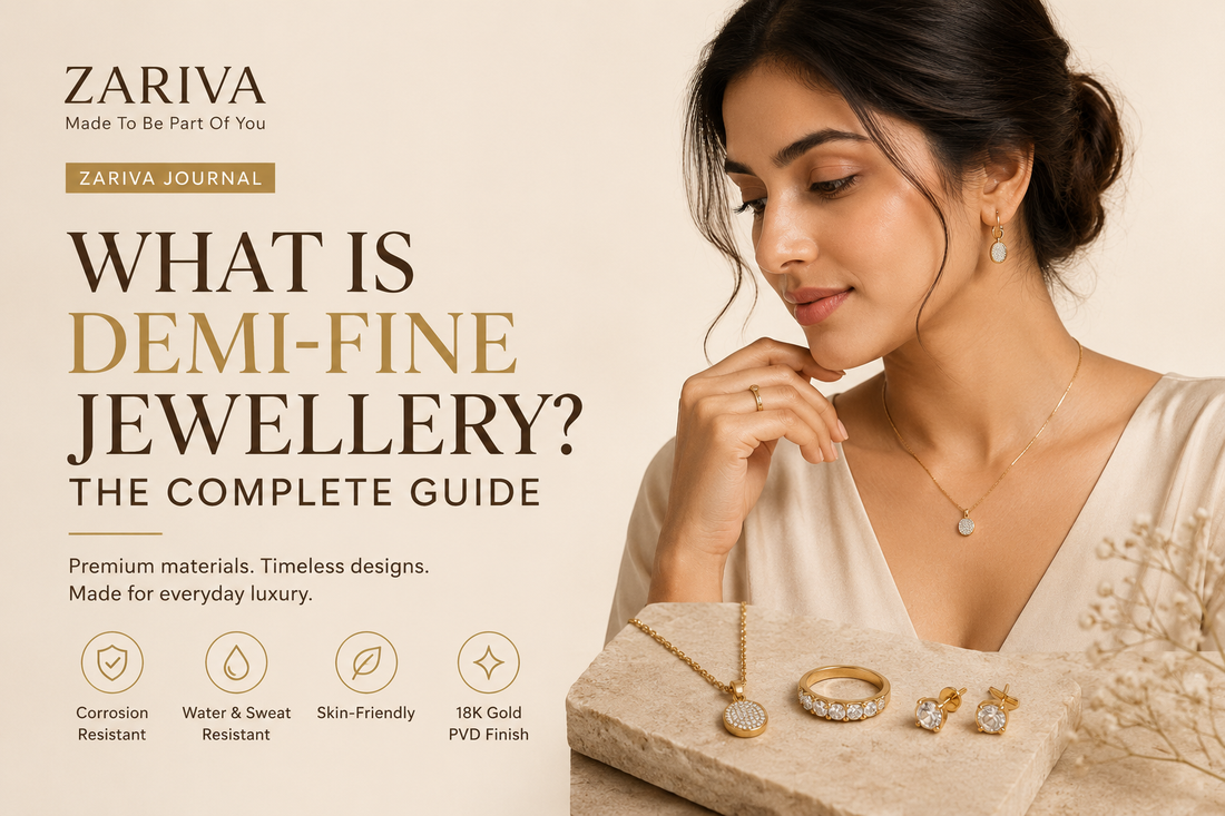 What is demi-fine jewellery? Editorial ZARIVA banner featuring premium SS316L stainless steel jewellery with 18K PVD gold plating, highlighting anti-tarnish everyday jewellery for modern Indian women
