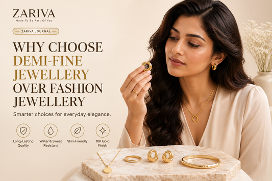 Why Choose Demi-Fine Jewellery Over Fashion Jewellery banner featuring a thoughtful Indian woman comparing elegant gold jewellery pieces.