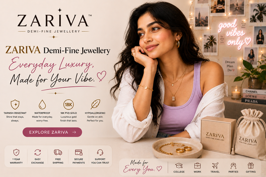 ZARIVA Jewellery banner featuring a Gen Z woman wearing layered gold pieces in a modern demi-fine jewellery everyday luxury setting.