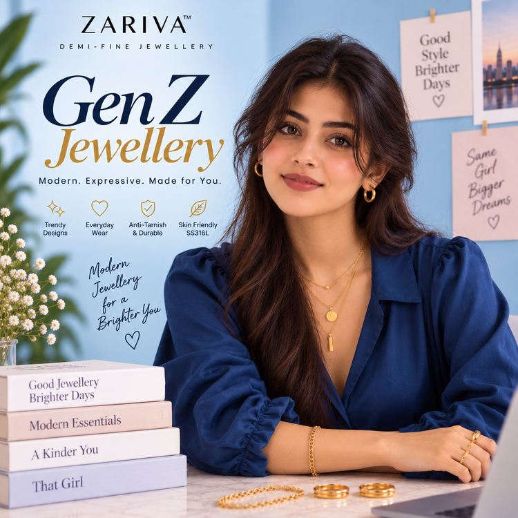 Zariva Gen Z jewellery collection featuring a confident young woman wearing layered demi-fine jewellery