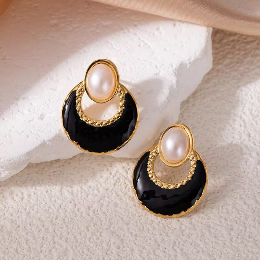 Pearl Black Enamel Earrings-Zariva