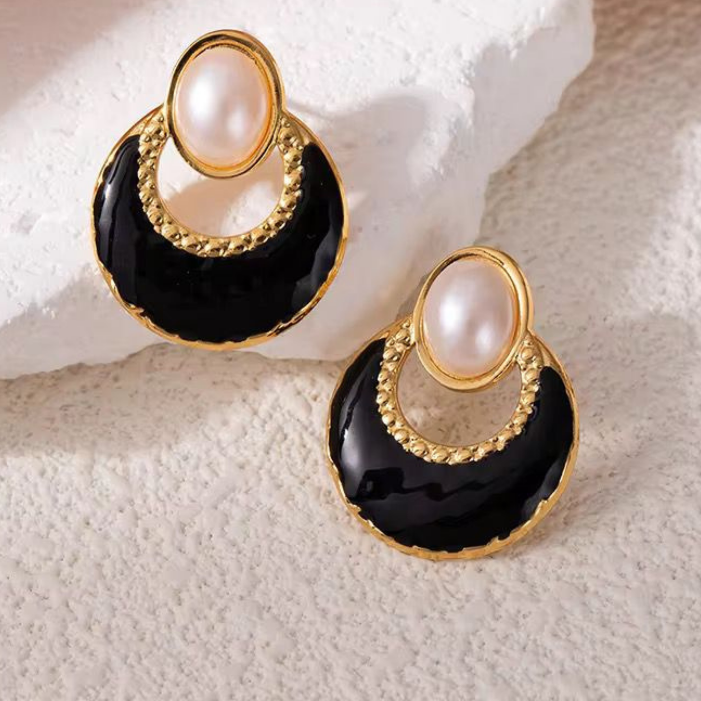 Pearl Black Enamel Earrings-Zariva