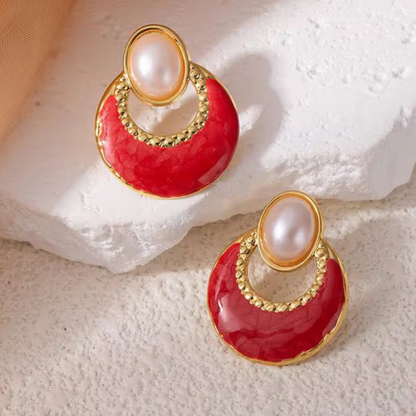 Pearl Red Enamel Earrings-Zariva