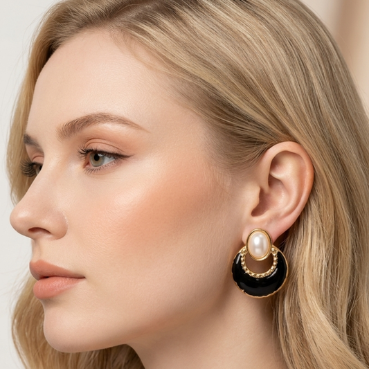Pearl Black Enamel Earrings-Zariva