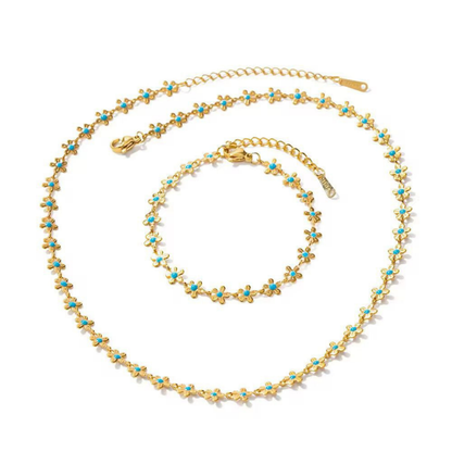 Aurelia Daisy Charm floral Turquoise Enamel Necklace & Bracelet Set – Zariva