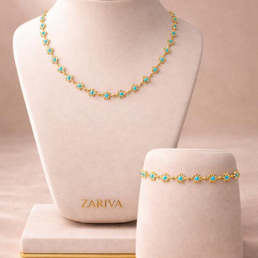 Aurelia Daisy Charm floral Turquoise Enamel Necklace & Bracelet Set – Zariva