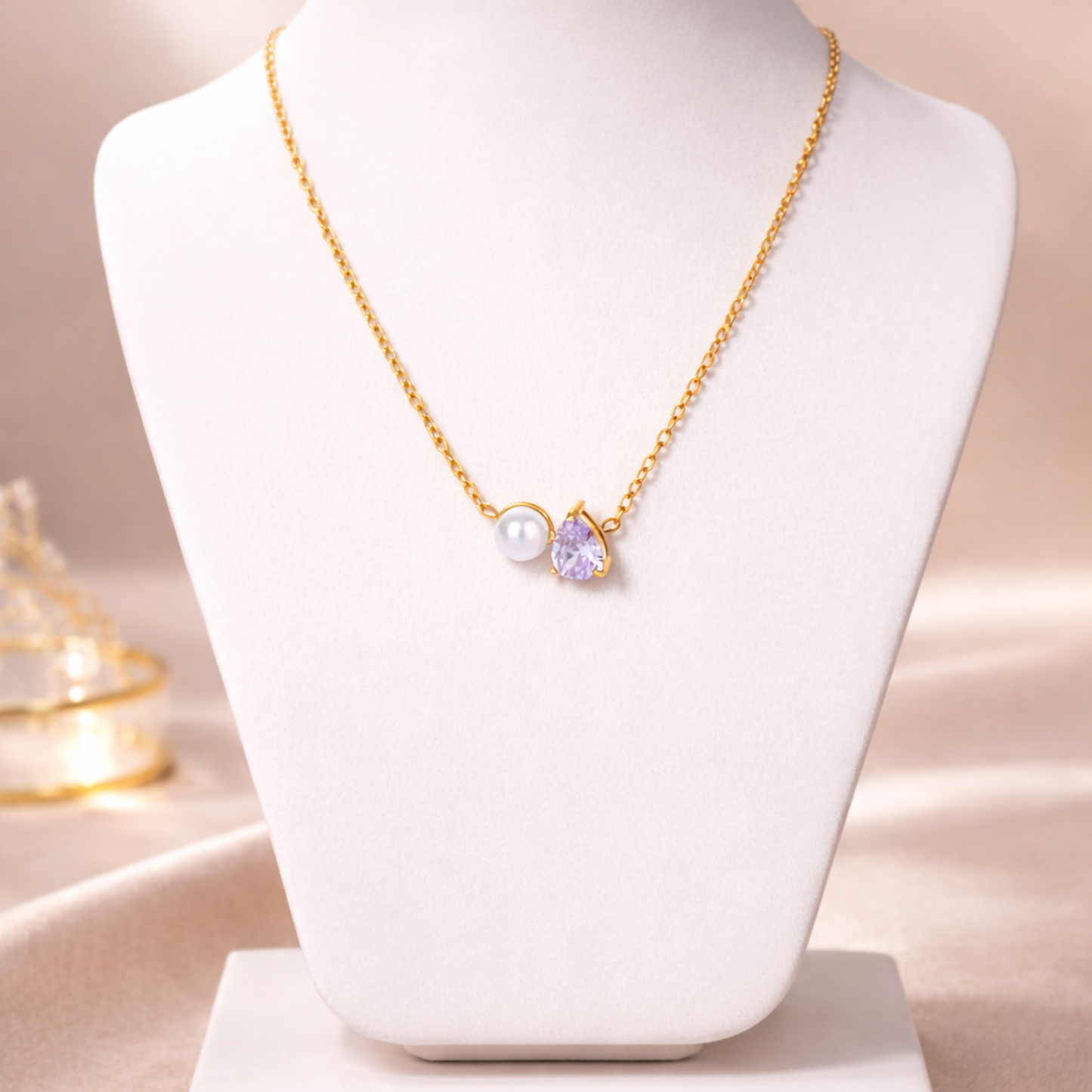 Elara Duo Zircon Pearl Light Purple Necklace – Zariva
