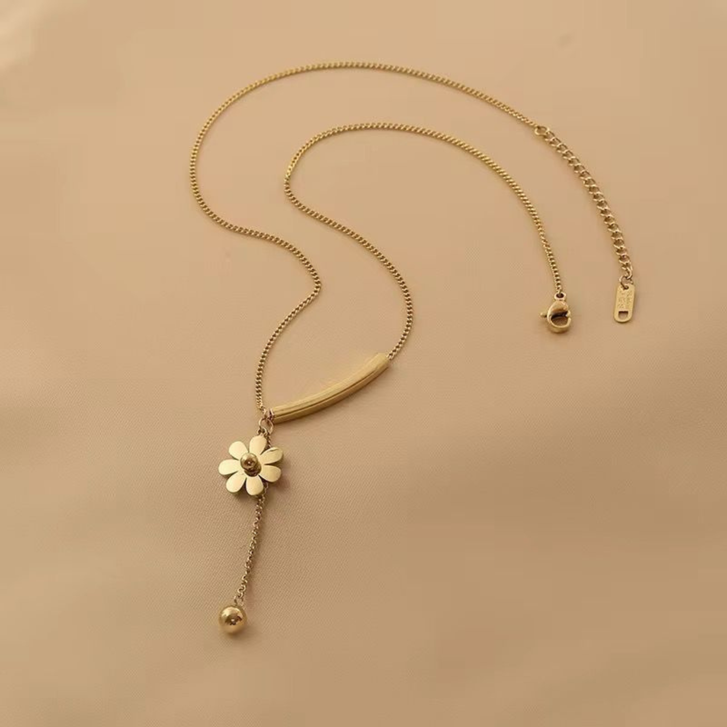 Aurelia Bloom Drop Minimal bar with floral charm and delicate drop Necklace-Front View