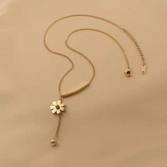 Aurelia Bloom Drop Minimal bar with floral charm and delicate drop Necklace-Front View