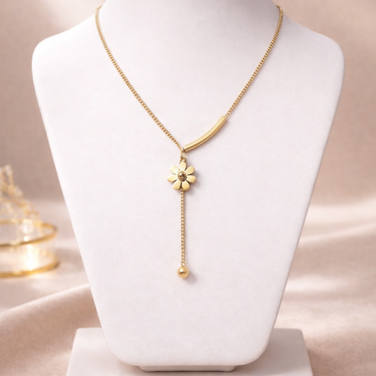 Aurelia Bloom Drop Minimal bar with floral charm and delicate drop Necklace-Stand