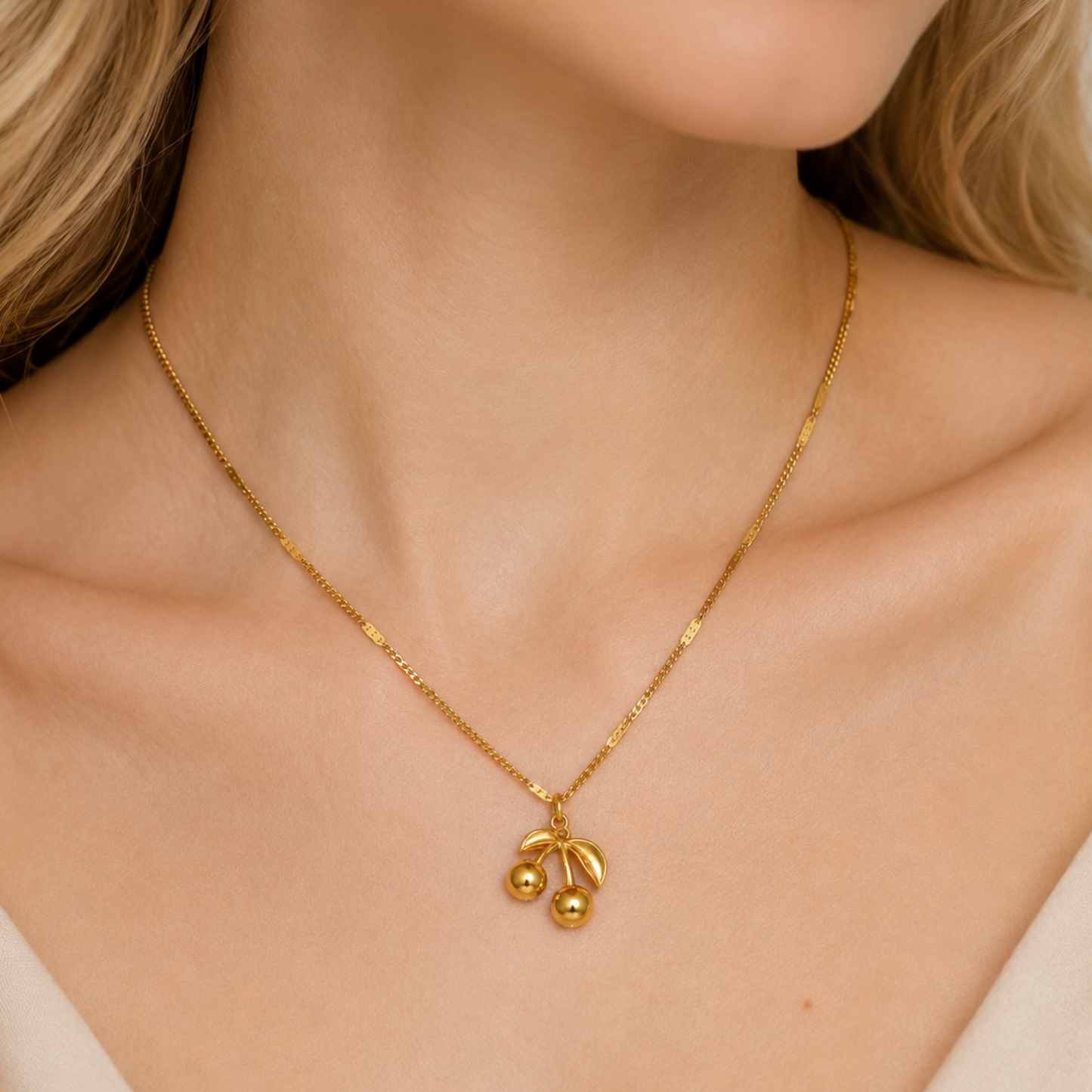 Cherry pendant necklace styled on a woman, featuring a delicate gold-tone chain and polished double-cherry pendant.