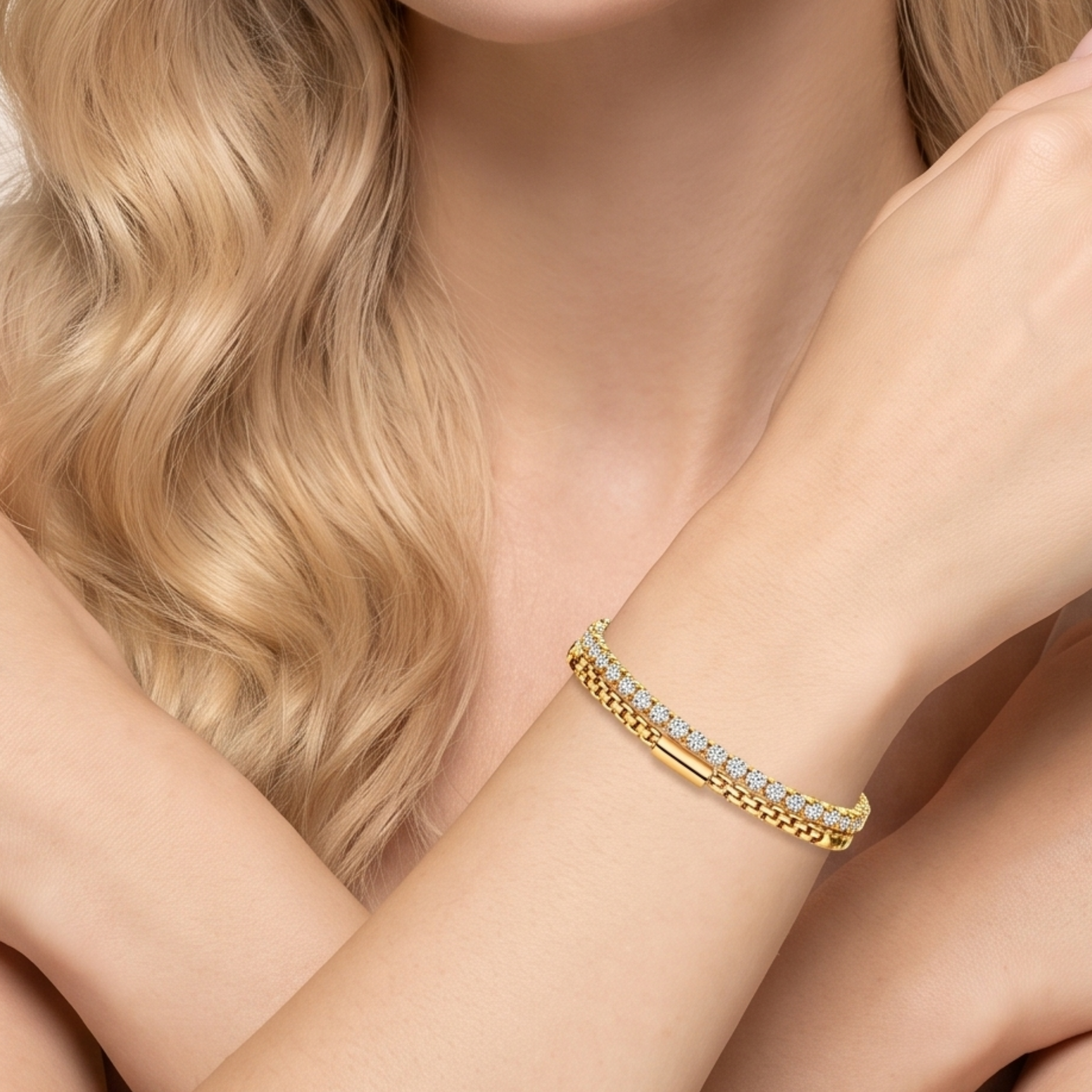 Double-row tennis bracelet worn on a woman's wrist, showing the gold-tone double-row design by ZARIVA.