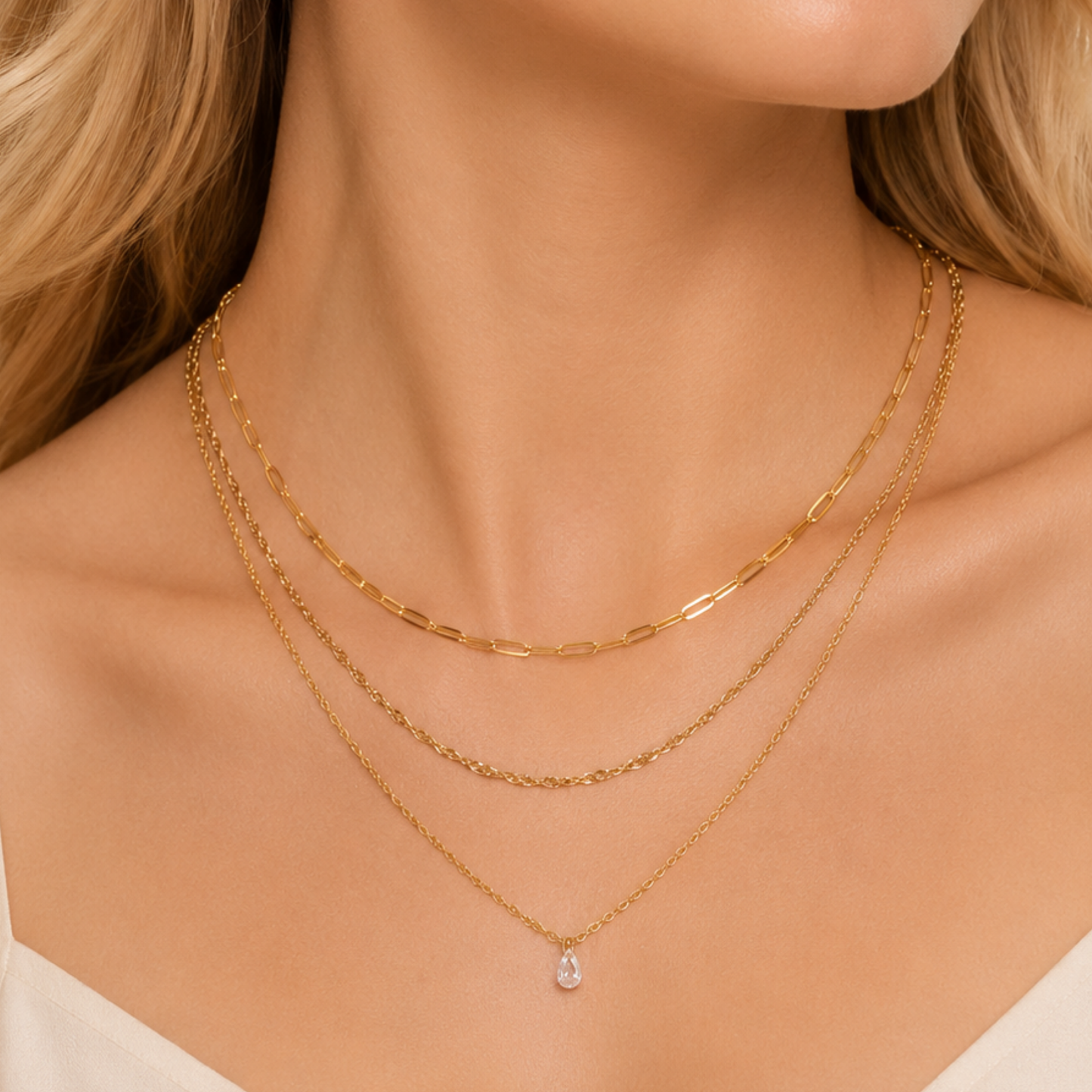 Gold crystal necklace for women with three delicate layers and a clear drop charm, styled by ZARIVA for everyday elegance.