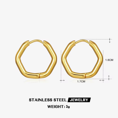 Gold hexagon hoop earrings in stainless steel, shown with 1.7 cm width, 1.6 cm height and 3 g weight by ZARIVA.