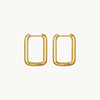 Gold rectangle hoop earrings featuring a smooth elongated geometric silhouette and polished finish for contemporary everyday styling by ZARIVA.