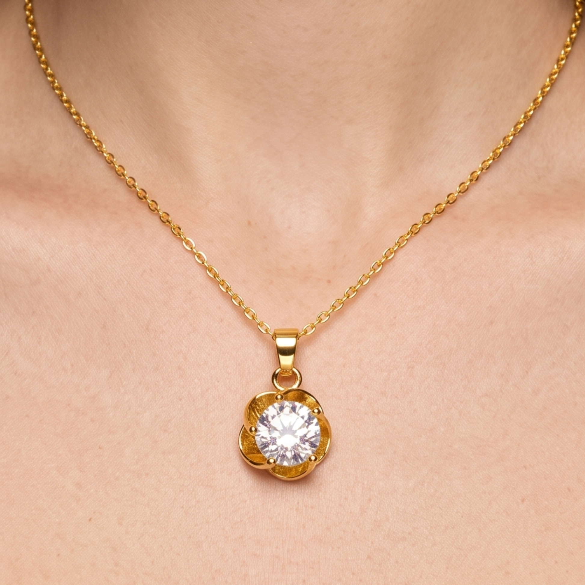 Gold solitaire necklace worn close to the neckline, showcasing its delicate chain and elegant floral pendant design.