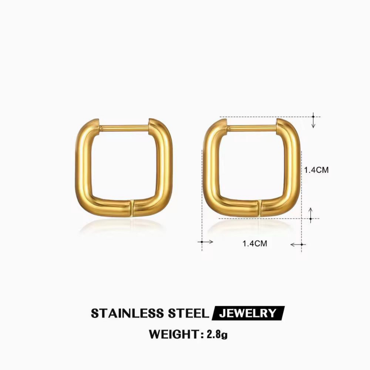 Gold square hoop earrings shown with 1.4 cm dimensions and 2.8 g weight, highlighting the compact stainless steel design by ZARIVA.
