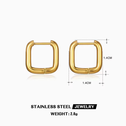 Gold square hoop earrings shown with 1.4 cm dimensions and 2.8 g weight, highlighting the compact stainless steel design by ZARIVA.