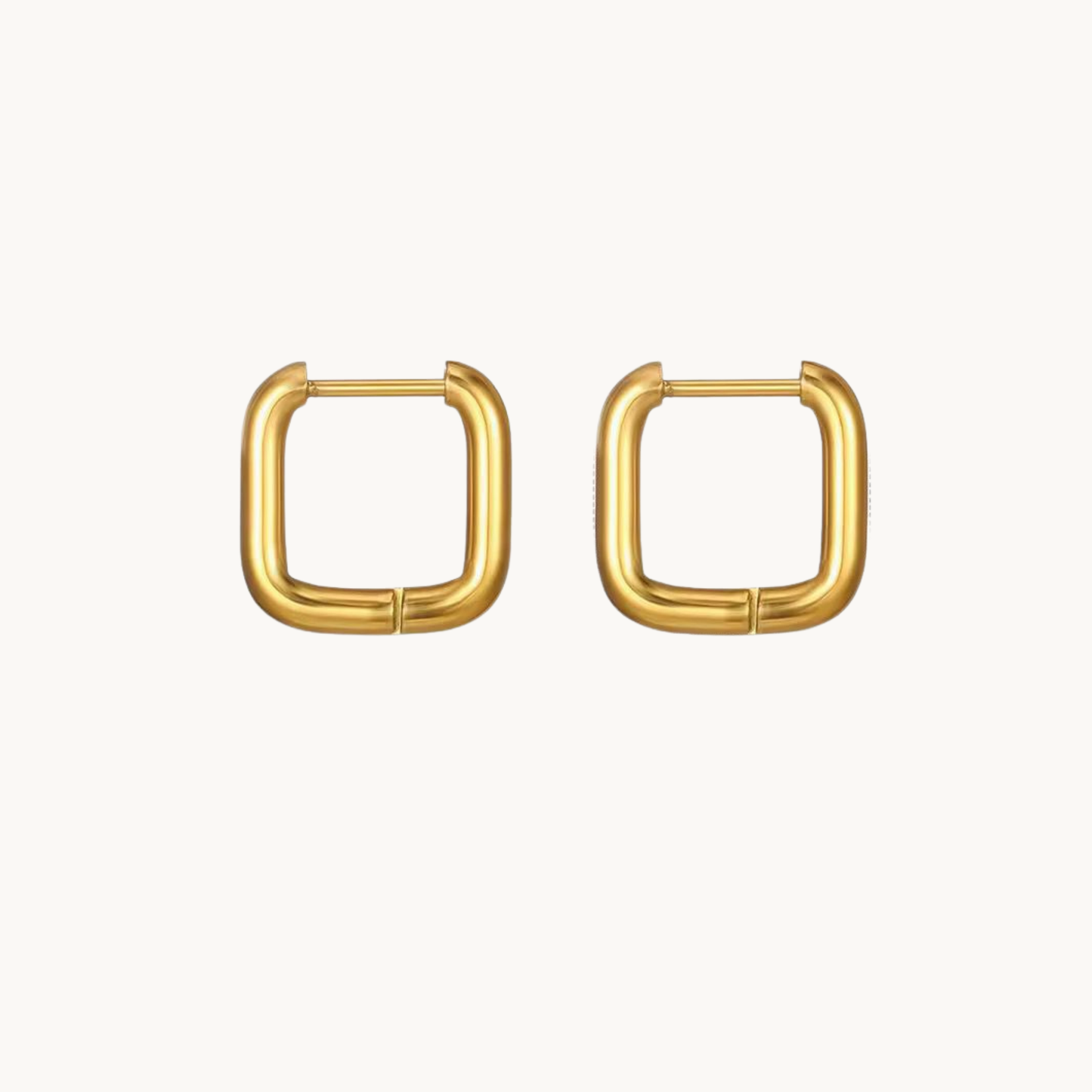 Gold square hoop earrings in polished stainless steel, featuring a rounded geometric shape and compact 1.4 cm design by ZARIVA.