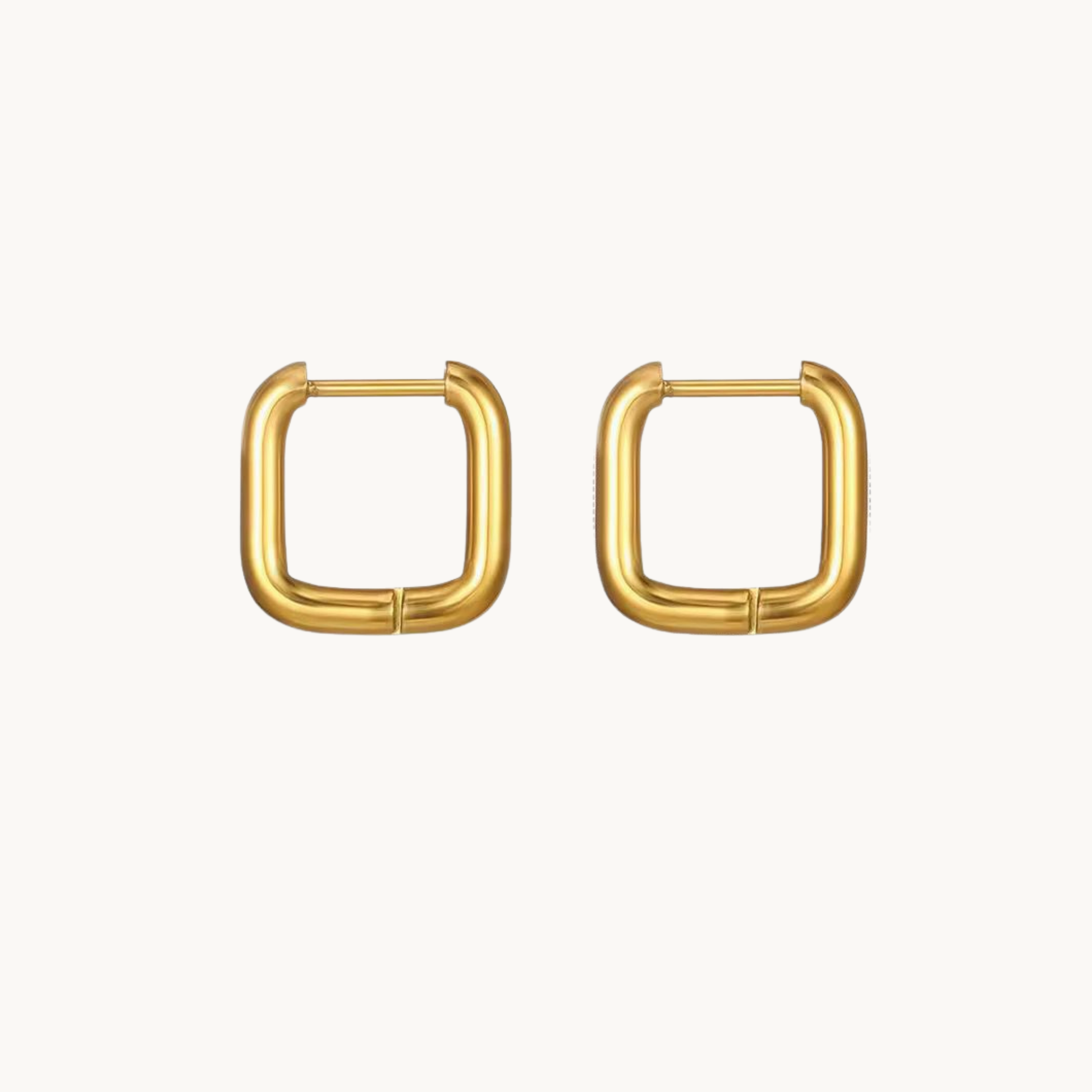 Gold square hoop earrings in polished stainless steel, featuring a rounded geometric shape and compact 1.4 cm design by ZARIVA.