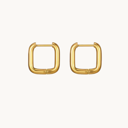 Gold square hoop earrings in polished stainless steel, featuring a rounded geometric shape and compact 1.4 cm design by ZARIVA.