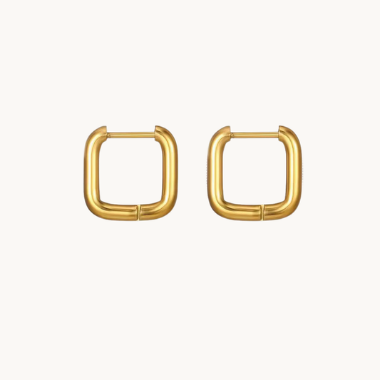Gold square hoop earrings in polished stainless steel, featuring a rounded geometric shape and compact 1.4 cm design by ZARIVA.