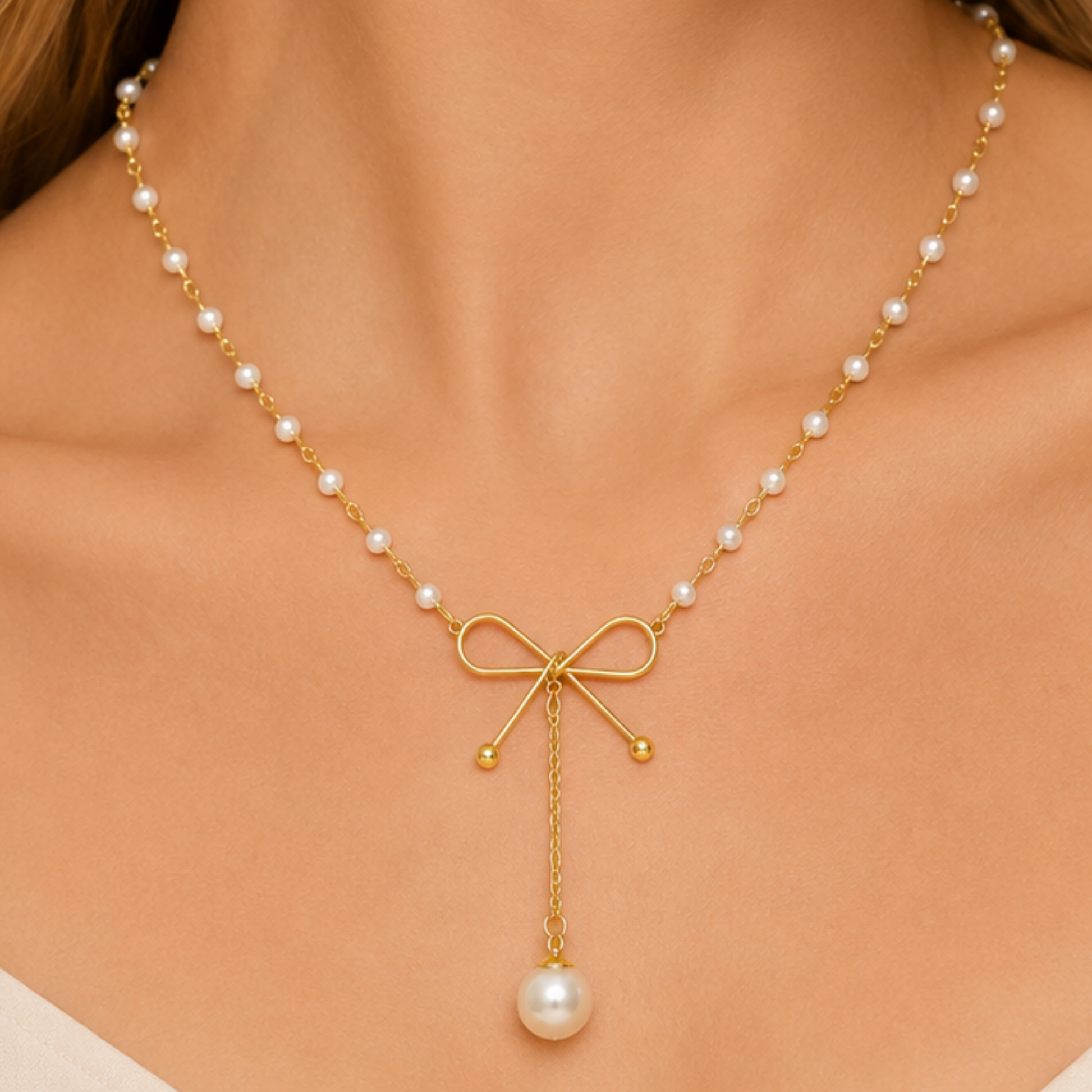 Pearl Bow Necklace worn close-up, showcasing the delicate pearl chain, gold bow centerpiece and elegant dangling pearl charm