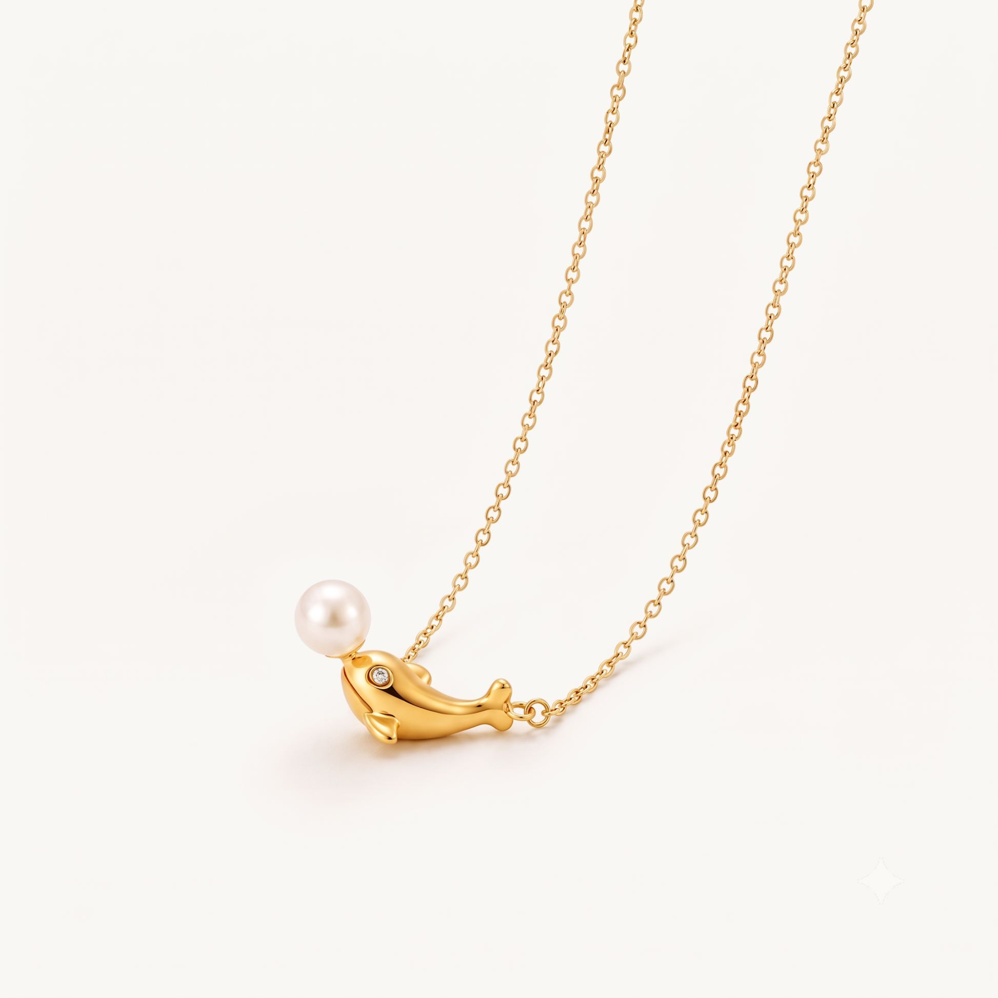 Pearl dolphin necklace featuring a polished gold dolphin pendant, white pearl accent and delicate gold chain by ZARIVA.