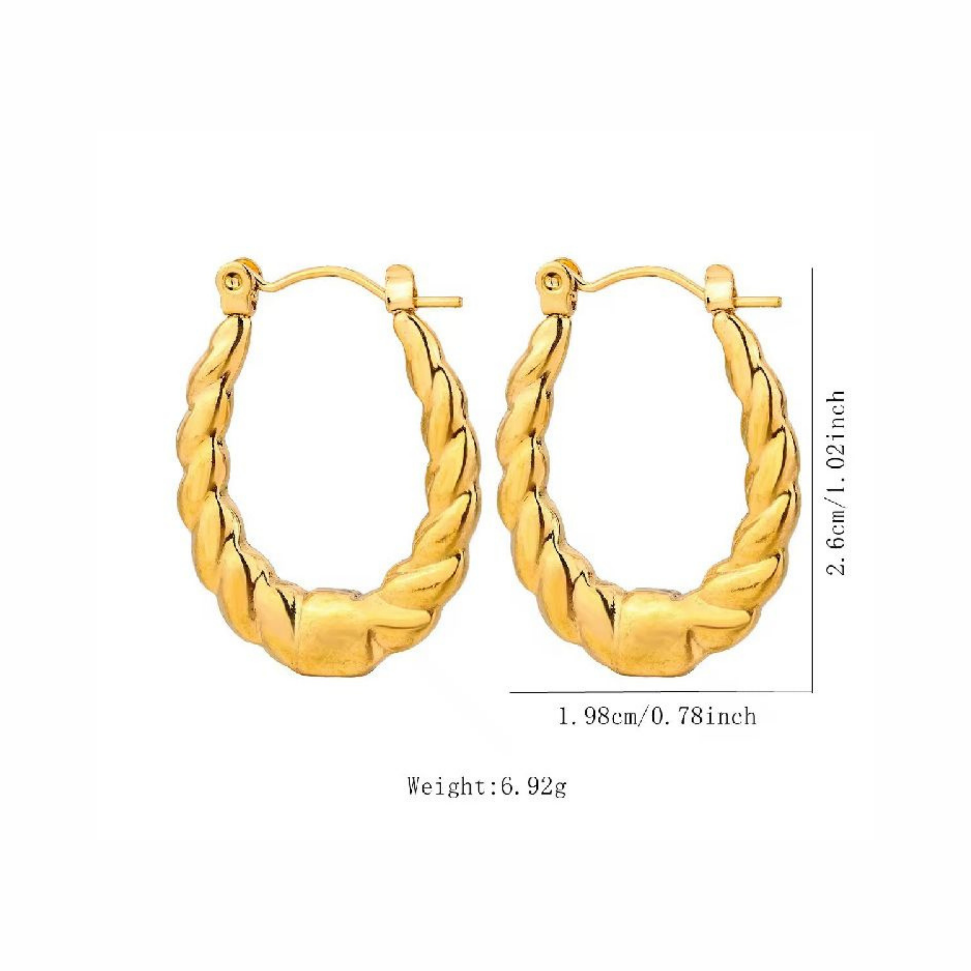 Vintage hoop earrings featuring an elongated silhouette and sculpted twisted texture for a distinctive polished look by ZARIVA.
