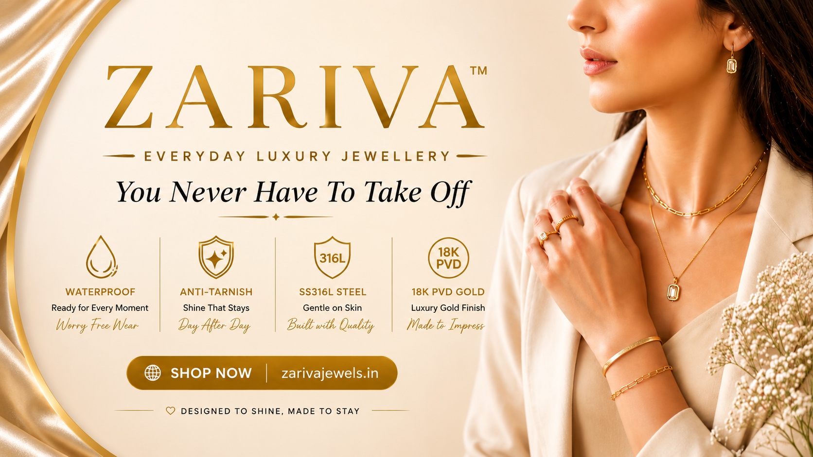 ZARIVA Everyday Luxury Jewellery collection featuring anti-tarnish SS316L stainless steel jewellery with 18K PVD gold plating, waterproof and skin-friendly designs crafted for everyday wear.