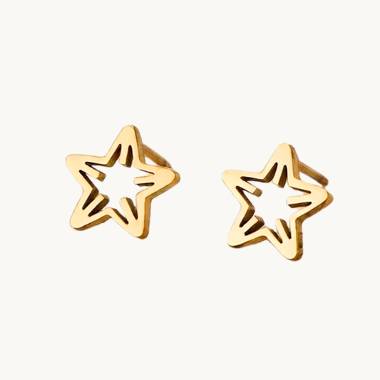 ZARIVA Astera Mini Star Stud Earrings for women crafted from premium SS316L stainless steel with 18K PVD gold plating. Anti-tarnish, waterproof, lightweight open star stud earrings under 1 cm for everyday wear.